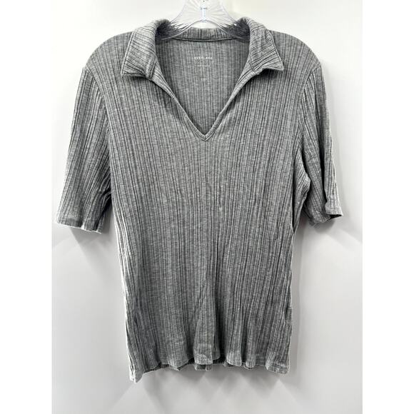 Everlane Womens Gray Solid Stretch Ribbed Short Sleeve V-Neck T-Shirt Size Large - Picture 1 of 8